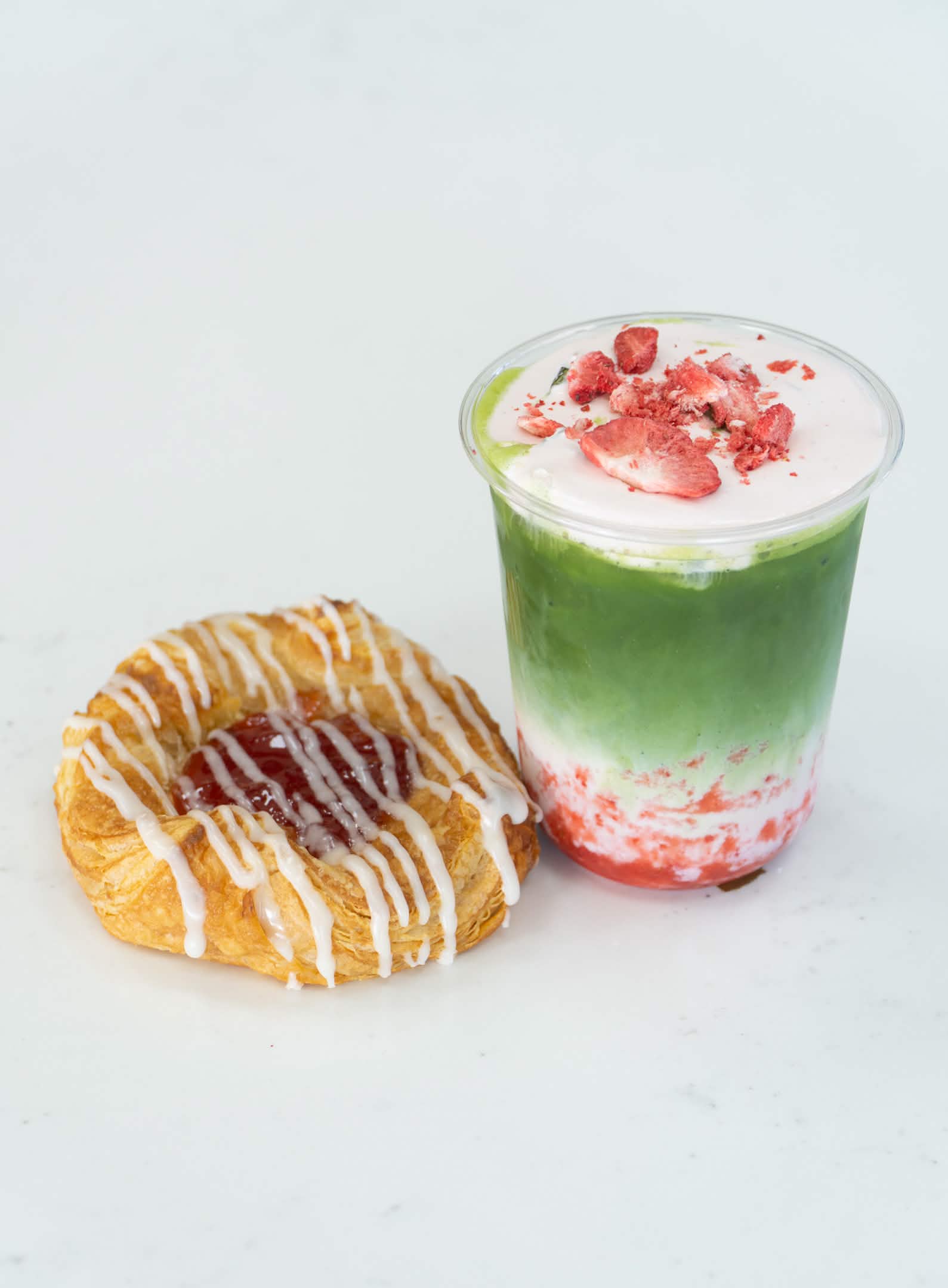 Strawberry cream cheese danish with strawberry cloud matcha