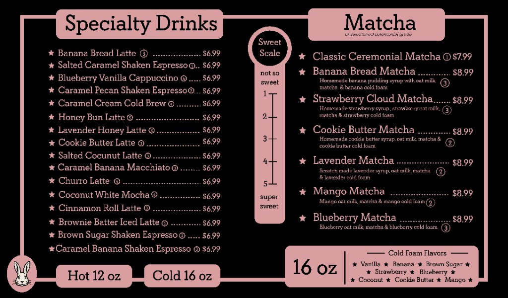 Specialty drinks and matcha menu preview