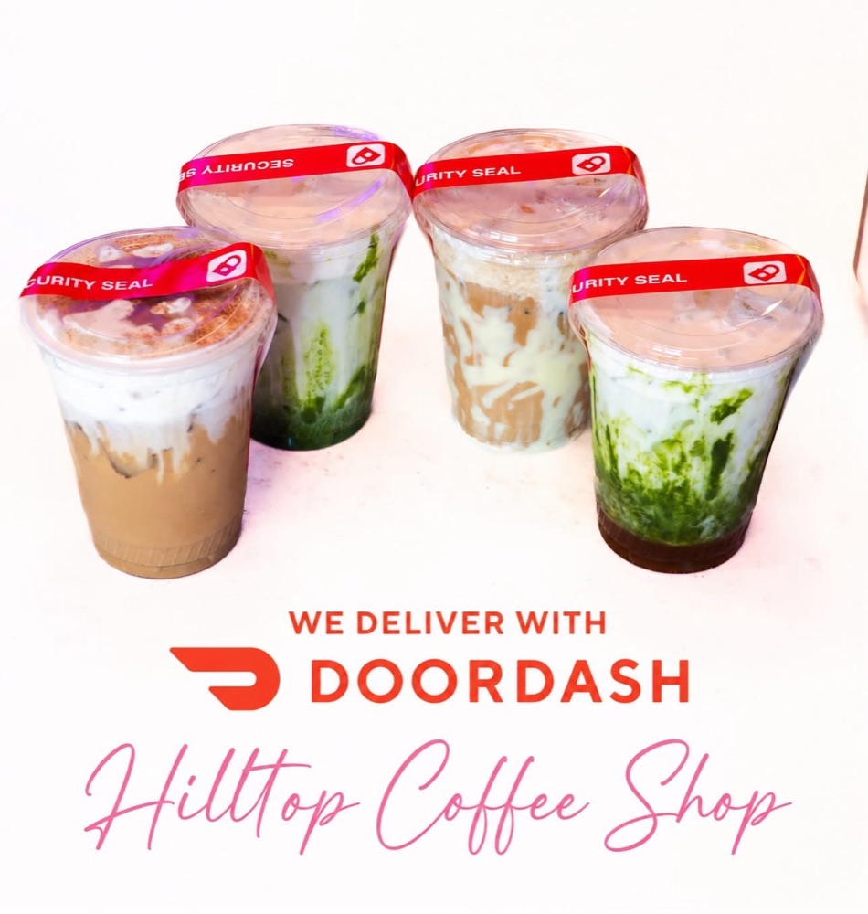 Four Hilltop Coffee Shop iced drinks with DoorDash security seals — we deliver with DoorDash