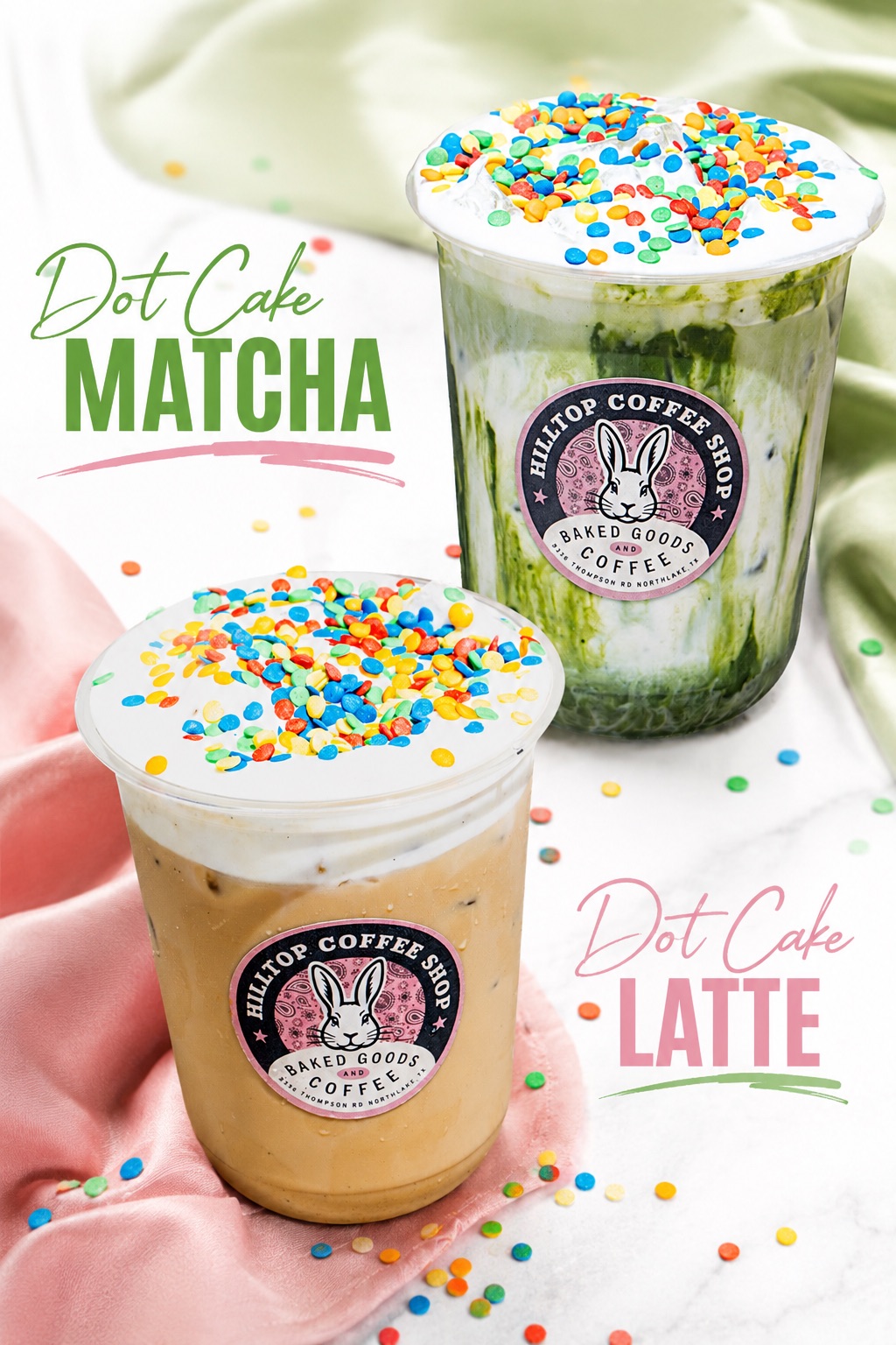 Hilltop Coffee Shop Dot Cake Matcha and Dot Cake Latte, two iced drinks topped with cream and colorful confetti dot sprinkles