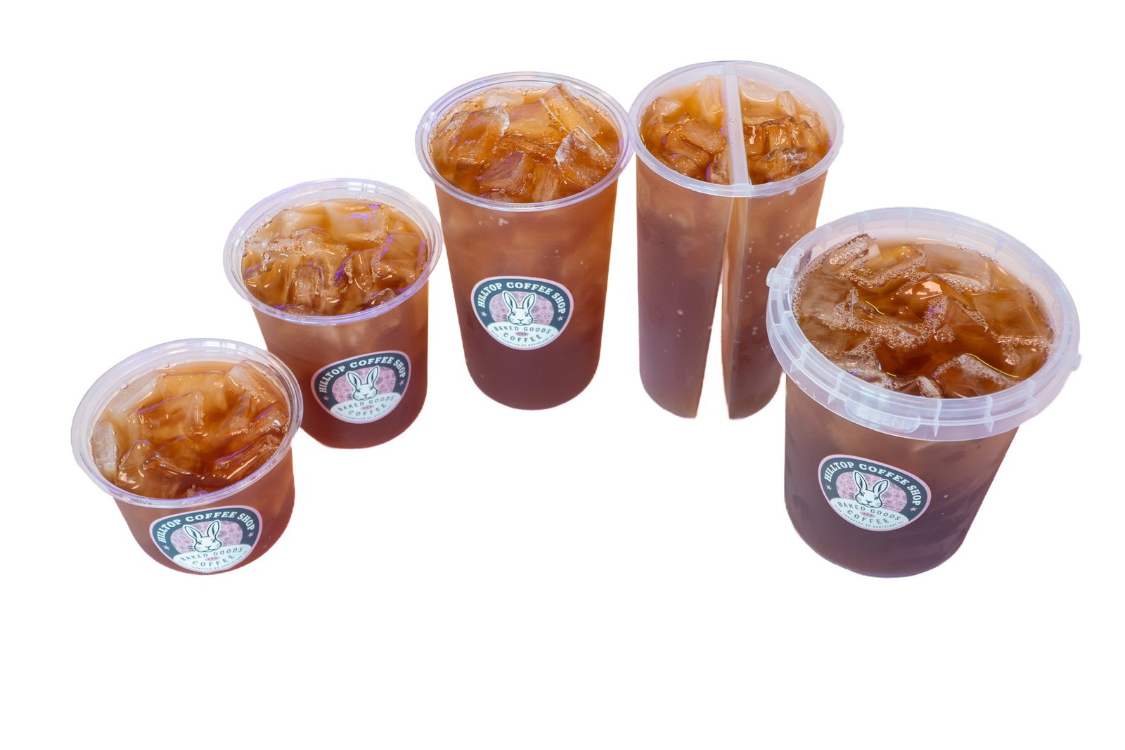 Five Hilltop Coffee Shop cup sizes lined up: Lil' Latte, Small 16oz, Medium 24oz, Bucket 32oz, and a Split Cup