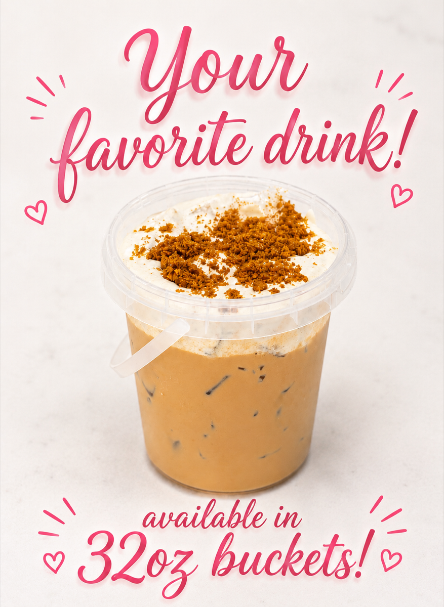 Hilltop Handle iced coffee in a clear bucket cup with cream and cookie crumbles on top