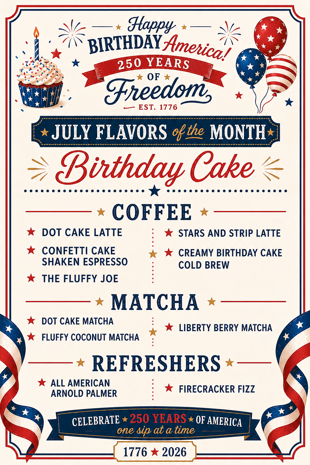 Hilltop July flavors of the month: Birthday Cake, celebrating 250 years of America. Coffee includes Dot Cake Latte, Confetti Cake Shaken Espresso, The Fluffy Joe, Stars and Stripes Latte, and Creamy Birthday Cake Cold Brew. Matcha includes Dot Cake Matcha, Fluffy Coconut Matcha, and Liberty Berry Matcha. Refreshers include All American Arnold Palmer and Firecracker Fizz.