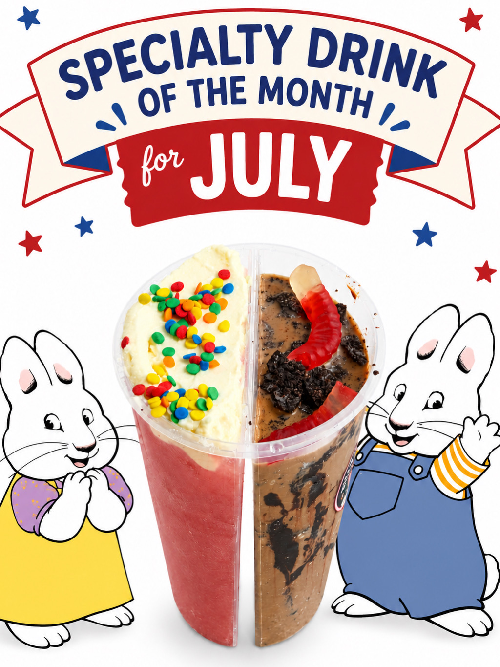Hilltop Coffee Shop July specialty drink of the month: a split cup with a birthday-cake side topped with rainbow dot sprinkles and a cookies-and-cream side with a gummy worm