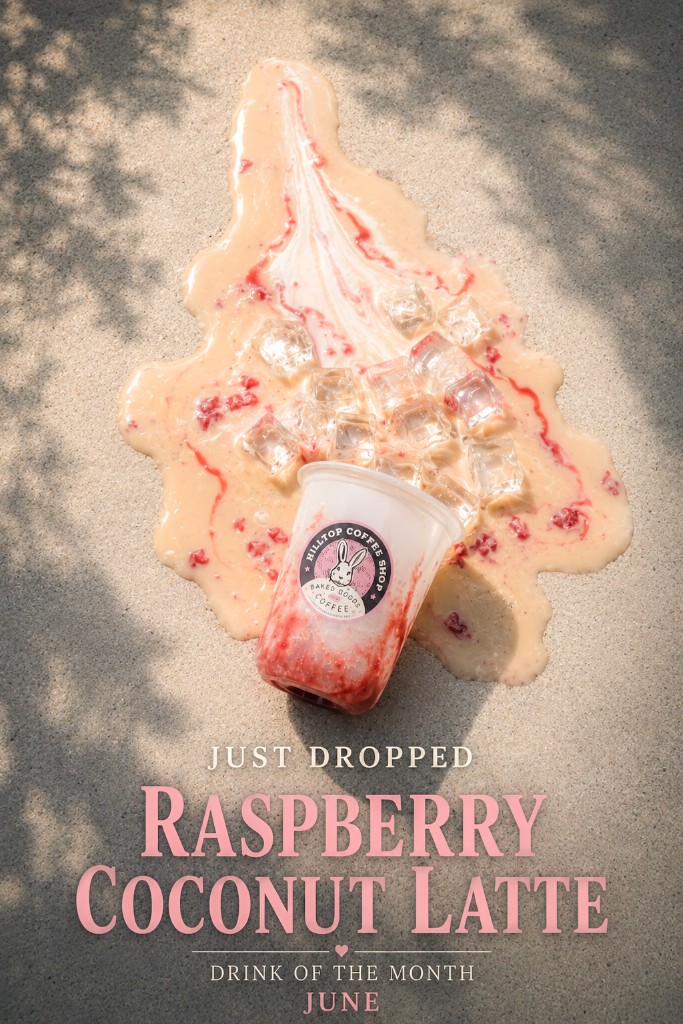 Hilltop Coffee Shop June drink of the month: Raspberry Coconut Latte iced with raspberry swirls