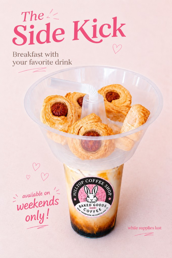 The Side Kick at Hilltop Coffee Shop: iced drink with a tray of sausage rolls on top, available weekends only